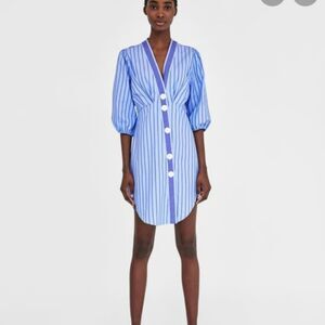 Zara Dress Women's Size Small Blue Striped Mini Preppy White Lotus Shirt Tunic